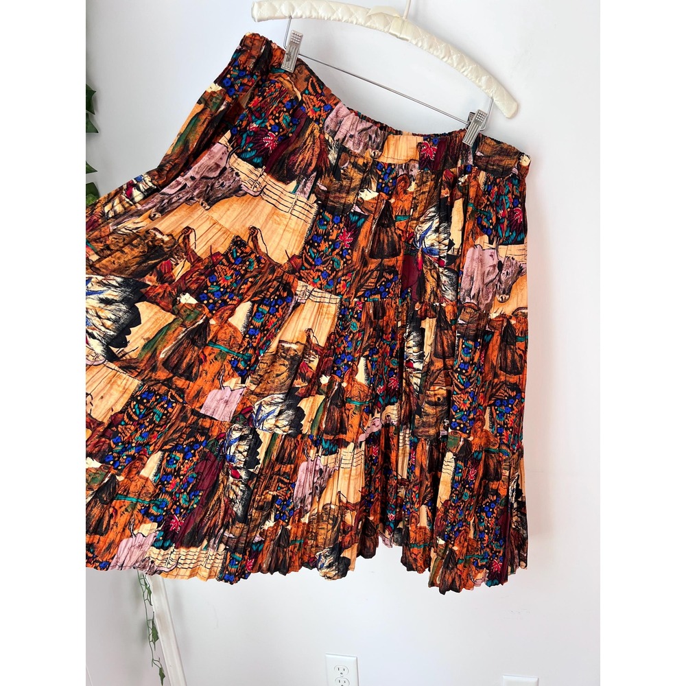 Vintage Western Novelty Print Broomstick Skirt Brown Multi Tiered Pleated Midi - Picture 7 of 9